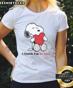 Pretty Snoopy I Think I'm In Love ladies tee featuring a cute Snoopy graphic and stylish design.
