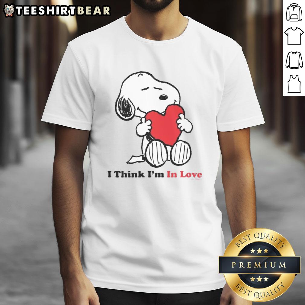 Pretty Snoopy I Think I'M In Love T Shirt Alt Text: Cute Snoopy I Think I'm In Love T-Shirt featuring a playful design perfect for Peanuts fans and casual wear.