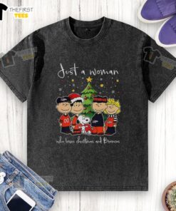 Pretty Snoopy Noel Denver Broncos Just A Woman Christmas Tree 2025 washed t-shirt design featuring festive graphics.