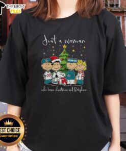 Pretty Snoopy Noel Miami Dolphins Christmas tree graphic on a women's tee for 2025 holiday fashion.