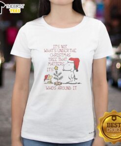 Pretty Snoopy and Woodstock Christmas tee with quote: 'It's not what's under the tree that matters, it's who's around it.'