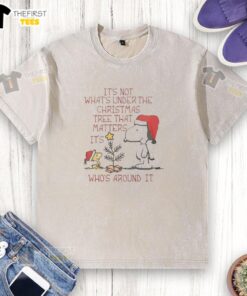 Pretty Snoopy and Woodstock on a washed t-shirt with the quote about Christmas, emphasizing family and togetherness.