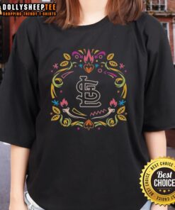 Pretty St. Louis Cardinals Dia de los Muertos MLB celebration ladies tee featuring vibrant colors and festive design.