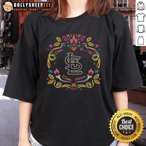 Pretty St. Louis Cardinals Dia de los Muertos MLB celebration ladies tee featuring vibrant colors and festive design.