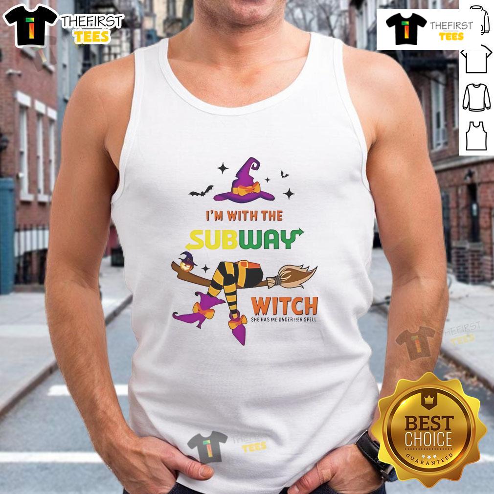 Pretty Subway I'M With The Witch She Has Me Under Her Spell Halloween Tank Top Halloween tank top featuring a witch casting a spell in a subway, perfect for festive celebrations.