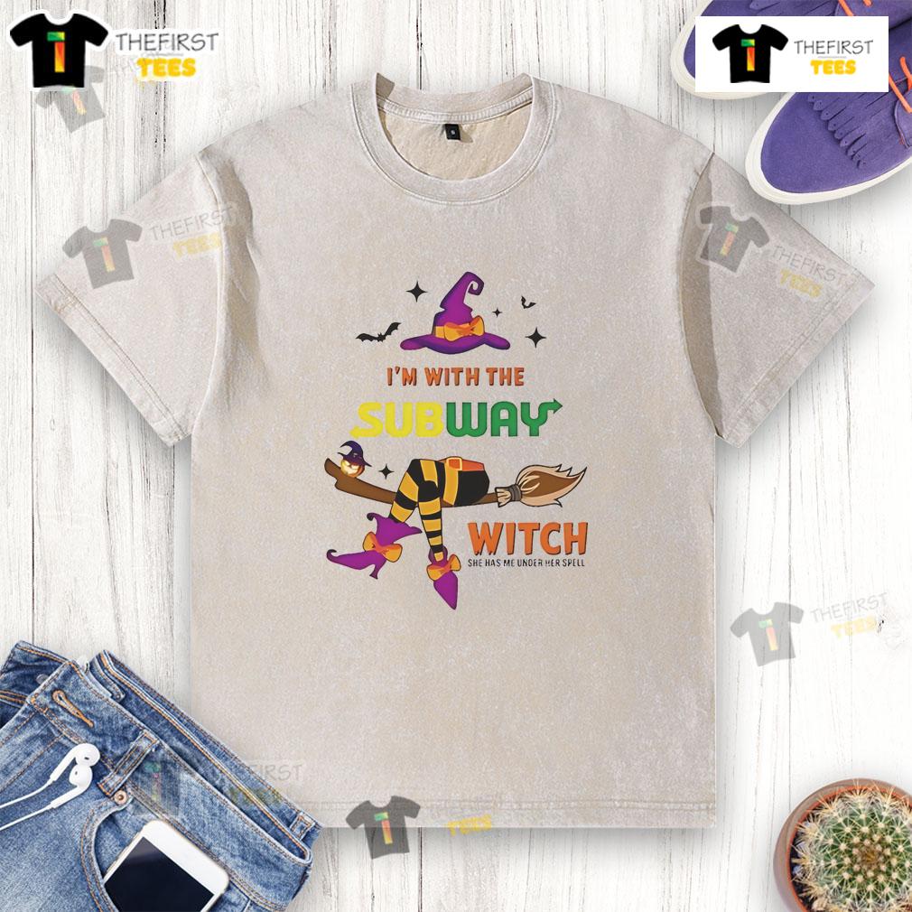 Pretty Subway I'm With The Witch She Has Me Under Her Spell Halloween Washed T-Shirt Pretty Subway Halloween washed t-shirt featuring a witch design, perfect for celebrating spooky season in style.