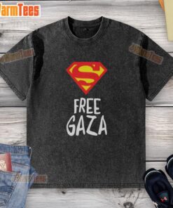 Alt Text: Pretty Superman Free Gaza washed t-shirt featuring a vibrant graphic design supporting peace in Gaza.