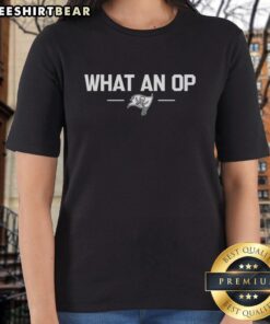 Alt Text: Stylish What An Op ladies tee featuring the Tampa Bay Buccaneers logo, perfect for fans and casual wear.