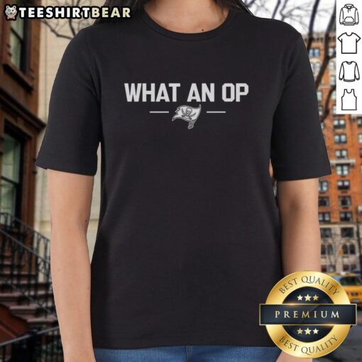 Alt Text: Stylish What An Op ladies tee featuring the Tampa Bay Buccaneers logo, perfect for fans and casual wear.