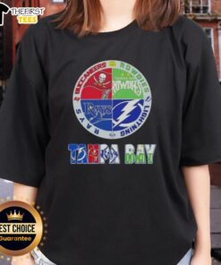 Pretty Tampa Bay Sports logos on ladies tee featuring Buccaneers, Rowdies, Lightning, and Rays for fans.