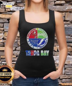 Alt Text: Stylish tank top featuring Tampa Bay sports logos: Buccaneers, Rowdies, Lightning, and Rays for fans.