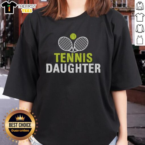 Pretty Tennis Daughter wearing a stylish ladies tee, showcasing a passion for tennis and vibrant athletic fashion.