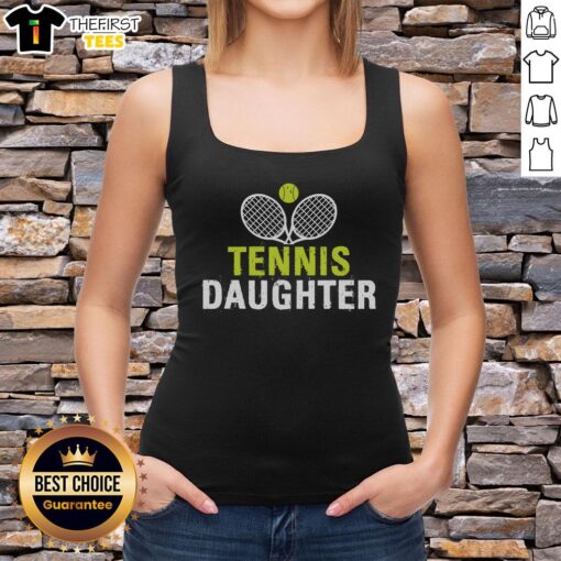 Pretty tennis daughter wearing a stylish tank top, ready for a match on the court with a smile and tennis racquet.
