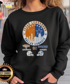 Pretty Texas Longhorns sweatshirt featuring Dallas Cowboys skyline, perfect for game days and showcasing Texas pride.