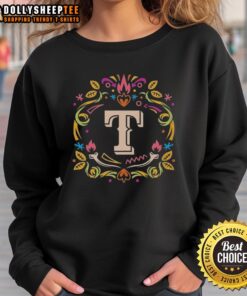 Pretty Texas Rangers Dia de los Muertos MLB celebration sweatshirt featuring vibrant colors and festive designs.