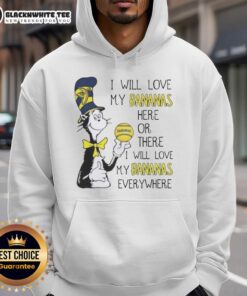 Cute cat in a hat wearing a hoodie with 'I will love my bananas everywhere' design, perfect for animal lovers.