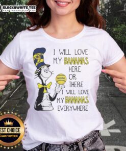 Alt Text: Pretty the Cat in the Hat loves bananas everywhere on a ladies tee, showcasing a fun and colorful design.