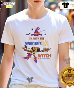 Alt Text: Pretty Walmart Halloween T-Shirt featuring 'I'M With The Witch She Has Me Under Her Spell' design for festive fun.