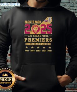 Brisbane Lions back-to-back premiers hoodie for the 2025 AFL Grand Final, showcasing team colors and logo.