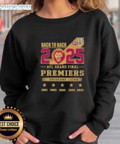 Alt Text: Brisbane Lions back-to-back premiers sweatshirt celebrating the 2025 AFL Grand Final victory with team logo.