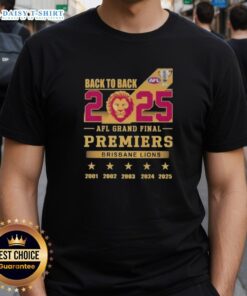 Brisbane Lions T-Shirt celebrating back-to-back 2025 AFL Grand Final premiers, featuring vibrant team colors and logo.