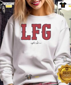 Top Alex Cora Boston Red Sox LFG signature sweatshirt displayed on a hanger, showcasing team spirit and style.