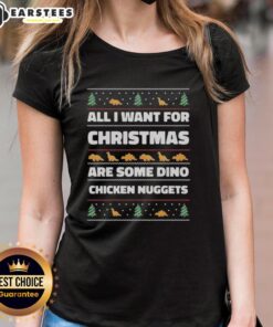 Funny ladies' tee featuring 'All I Want for Christmas Are Some Dino Chicken Nuggets' design, perfect for holiday festivities.