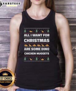 Ugly Christmas tank top featuring 'All I Want For Christmas Are Some Dino Chicken Nuggets' design, perfect for festive wear.