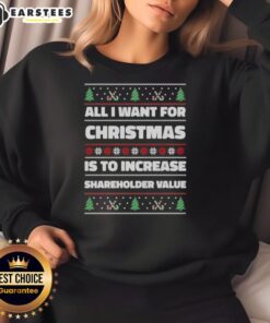Ugly Christmas sweatshirt featuring 'All I Want For Christmas Is To Increase Shareholder Value' festive design.