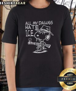 Top All My Dawgs Hate I.C.E. Snoopy Ladies Tee featuring Snoopy graphic, perfect for dog lovers and casual wear.