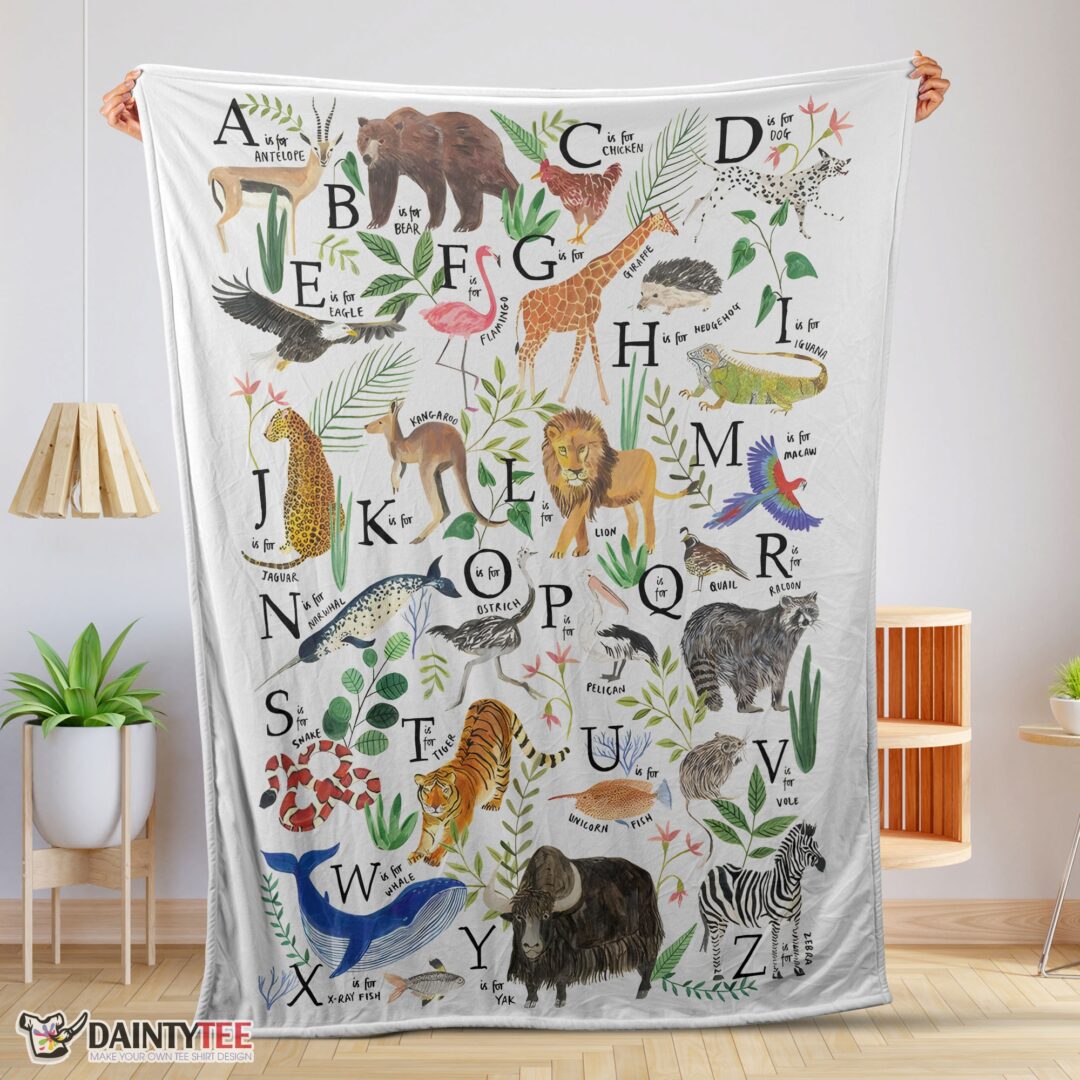 top-animal-alphabet-a-to-z-watercolor-wildlife-blanket-fleece-customized-blanket-mk-01 Top Animal Alphabet A To Z Watercolor Wildlife Blanket Fleece Customized Blanket
