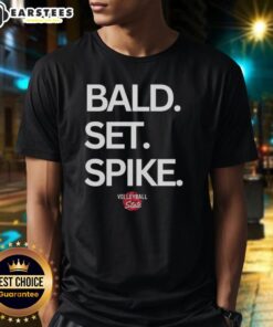 Top Bald Set Spike Volleyball State T-Shirt featuring vibrant graphics for volleyball enthusiasts and team spirit.