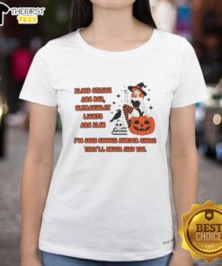 Red blood stains graphic on a blue background, featured on a ladies tee, perfect for spooky style enthusiasts.