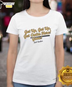 Top Bob Uecker Milwaukee Brewers MLB ladies tee with 'Get Up Get Up Get Outta Here Gone' graphic design.