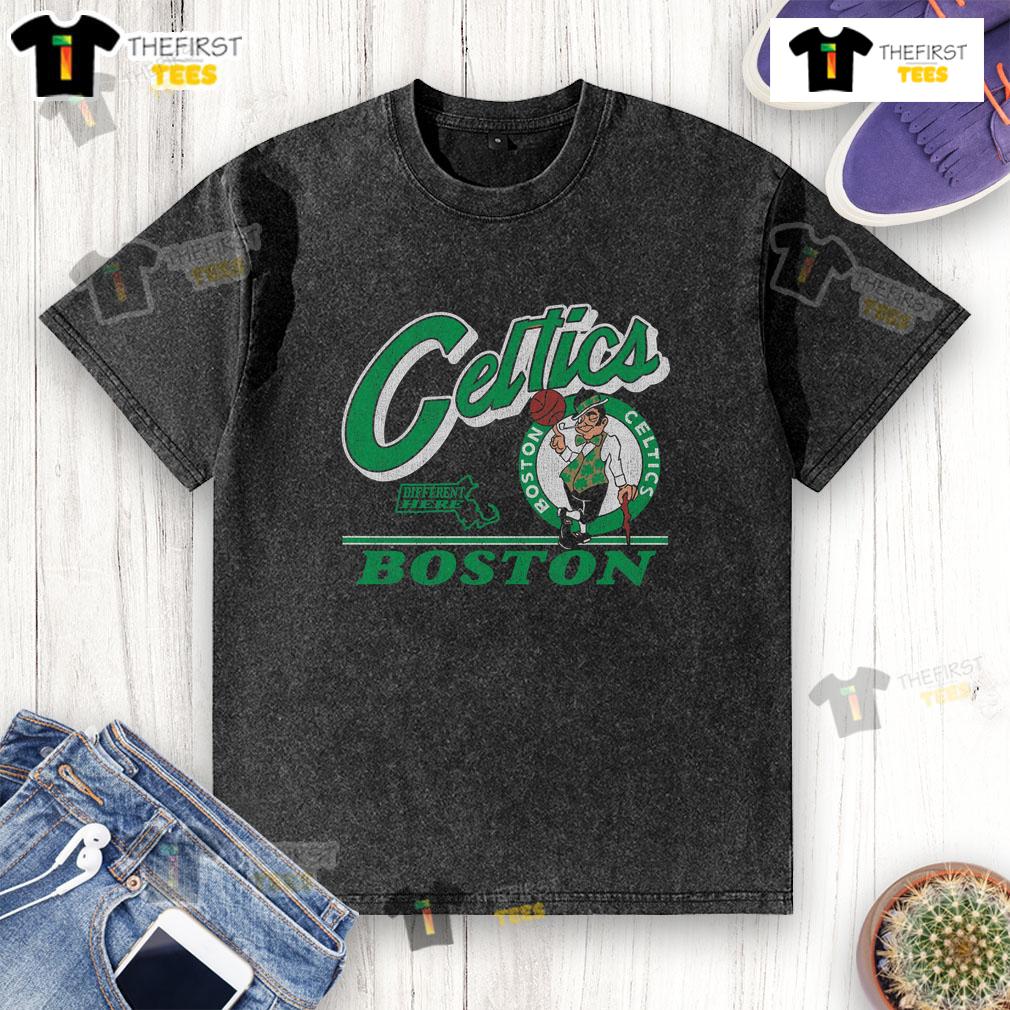 Top Boston Celtics Fly By Vintage Washed T Shirt Alt Text: Vintage washed t-shirt featuring the Boston Celtics logo, perfect for fans and collectors of NBA apparel.
