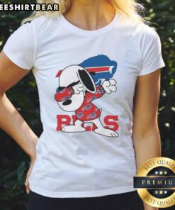 Buffalo Bills Snoopy dabbing on a ladies tee, perfect for NFL football fans. Stylish Peanuts design for game day.