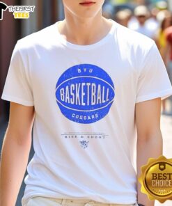 Top BYU Cougars Basketball Rise And Shoot T-Shirt featuring team colors and logo, perfect for fans and players.
