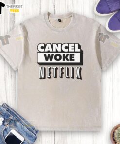 Top Cancel Woke Netflix Elon Musk Washed T-Shirt featuring bold graphics and a trendy design for casual wear.