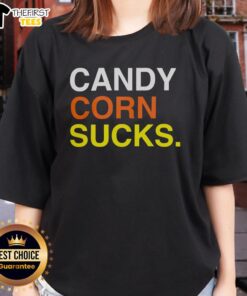 Top Candy Corn Sucks Ladies Tee featuring a fun design, perfect for Halloween enthusiasts and candy lovers.