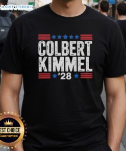 Top Colbert Kimmel 28 Stars T-Shirt featuring vibrant graphics of stars, perfect for fans of late-night comedy shows.