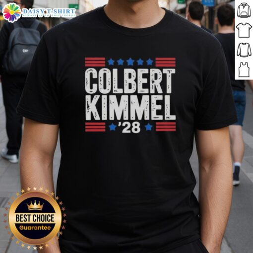 Top Colbert Kimmel 28 Stars T-Shirt featuring vibrant graphics of stars, perfect for fans of late-night comedy shows.