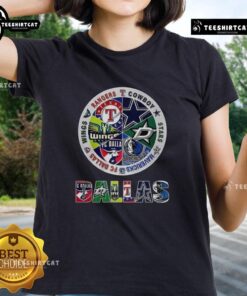 Dallas sports teams combined logos on a ladies tee shirt, showcasing team spirit and style for fans.
