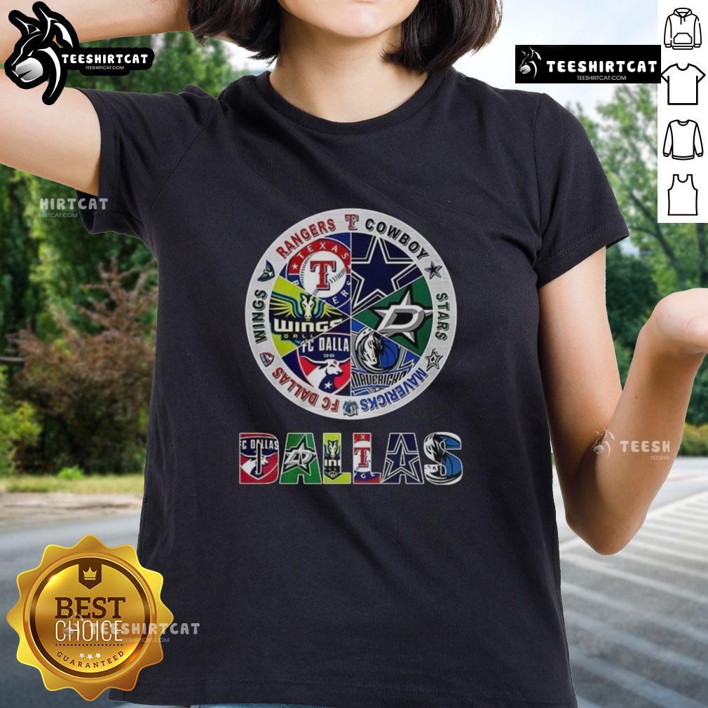 Top Combined Logos Of Dallas Sports Teams Ladies Tee Dallas sports teams combined logos on a ladies tee shirt, showcasing team spirit and style for fans.