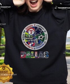 Alt Text: Stylish sweatshirt featuring combined logos of Dallas sports teams, perfect for fans and sports enthusiasts.