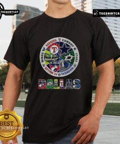 Alt Text: Top Combined Logos of Dallas Sports Teams T-Shirt featuring iconic logos from Dallas Cowboys, Mavericks, and more.
