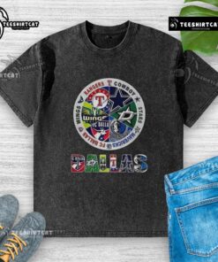 Top combined logos of Dallas sports teams on a washed T-shirt, showcasing local team pride and style.