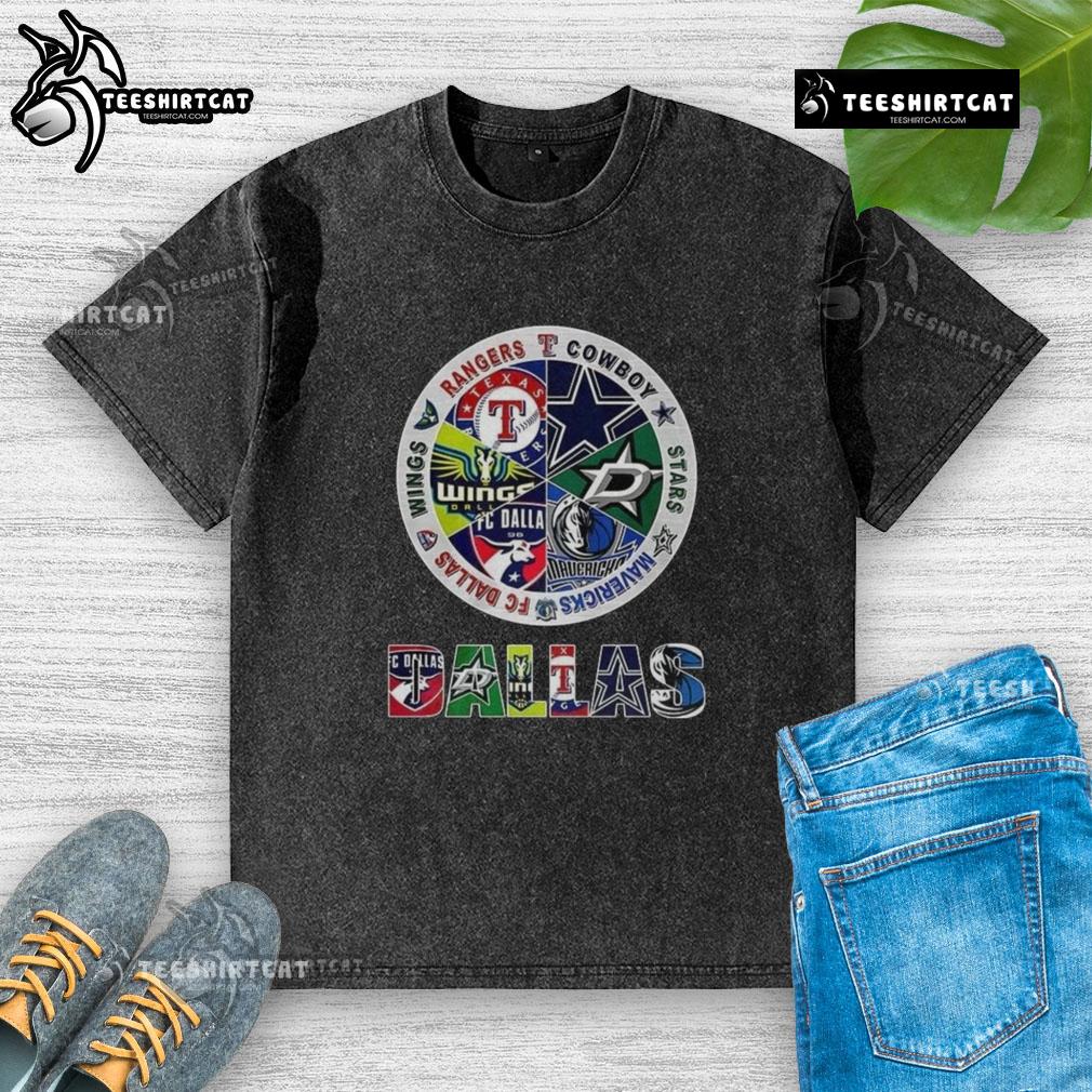 Top Combined Logos Of Dallas Sports Teams Washed T Shirt Top combined logos of Dallas sports teams on a washed T-shirt, showcasing local team pride and style.