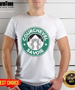 Top Courchevel Savoie X Starbucks logo parody T-shirt featuring a creative design blending winter sports and coffee culture.