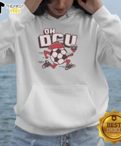 Top D.C. United Oh DCU hoodie displayed on a hanger, showing team colors and logo, perfect for fans and casual wear.