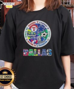 Top Dallas All Sports logos on ladies tee: Rangers, Cowboys, Stars, Mavericks, FC Dallas, Wings - perfect fan apparel.